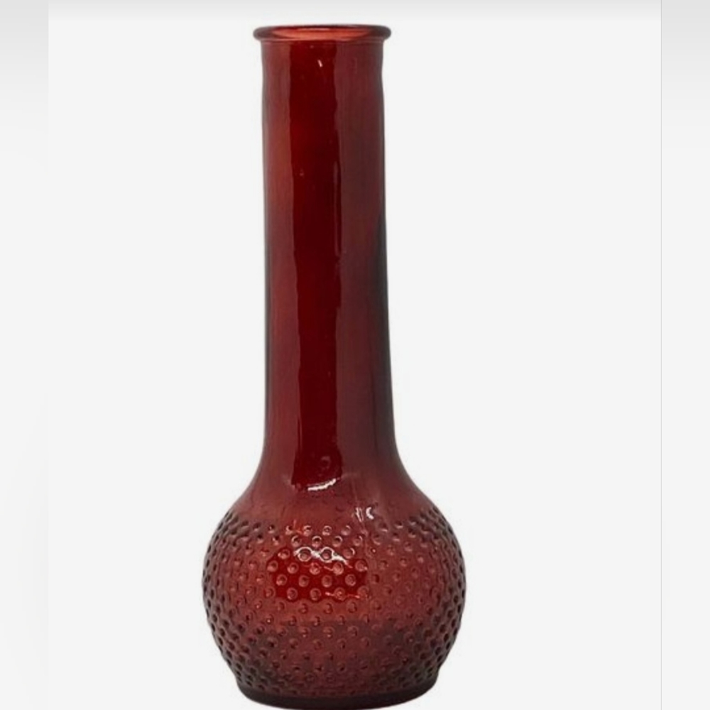VTG Ruby Red Pressed Reverse Inverted Hobnail Glass Vase Bulb Base Marked USA 04